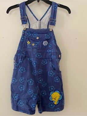 Vintage Looney Tunes Tweety girls Embroidered Flower Overalls Shortalls 7/8